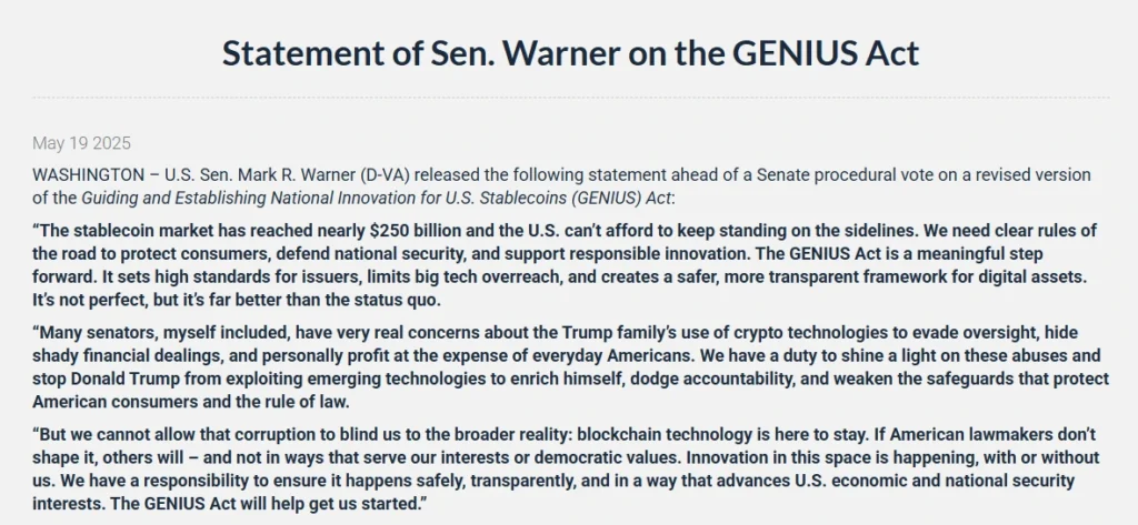 GENIUS Act - Sen. Warner