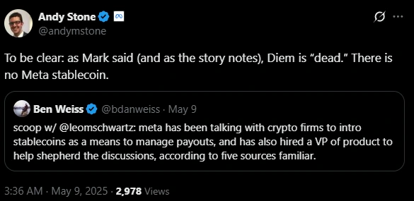 Andy Stone Confirming There Is No Meta Stablecoin
