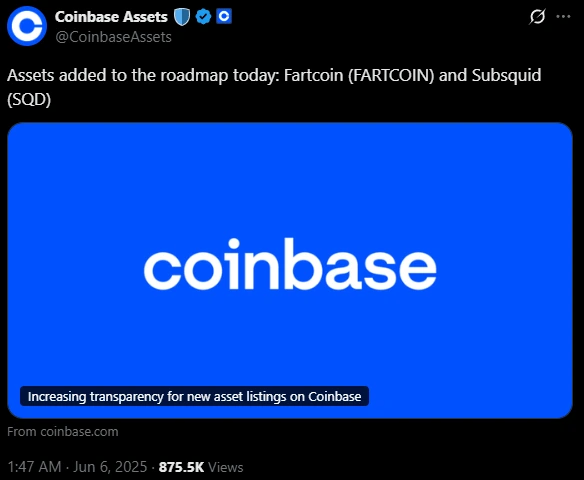 Coinbase Announcing The Fartcoin And Subsquid Listings