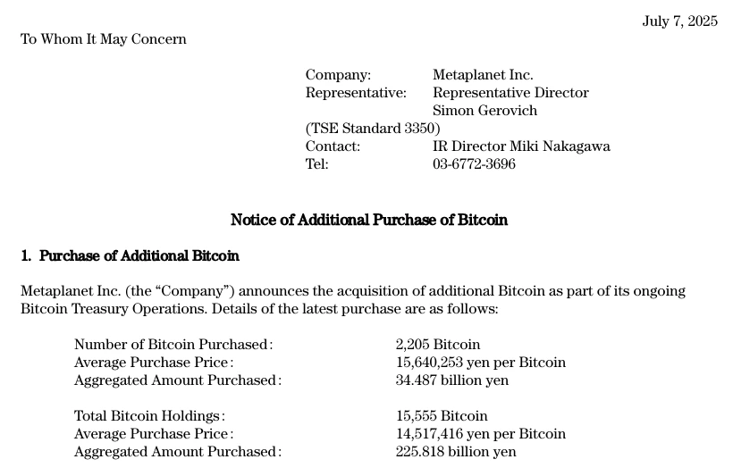 Metaplanet Bitcoin Purchase Filing