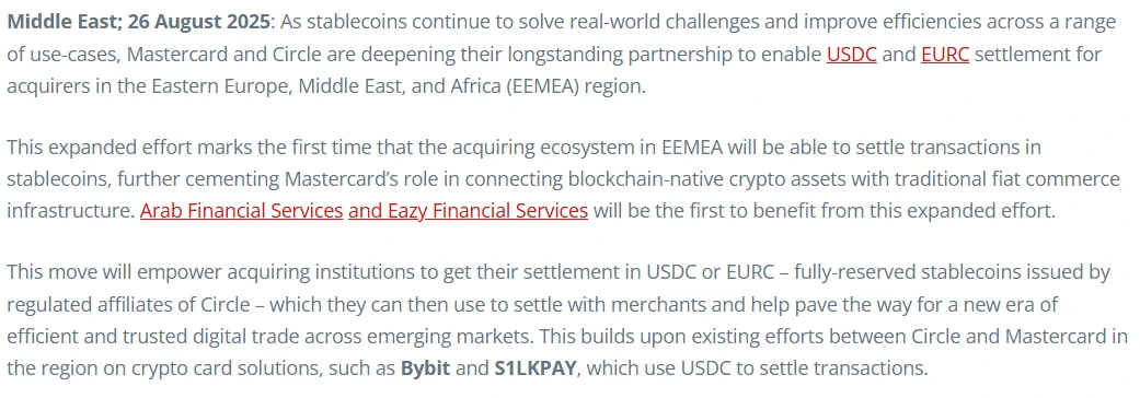 Circle Mastercard USDC Settlement