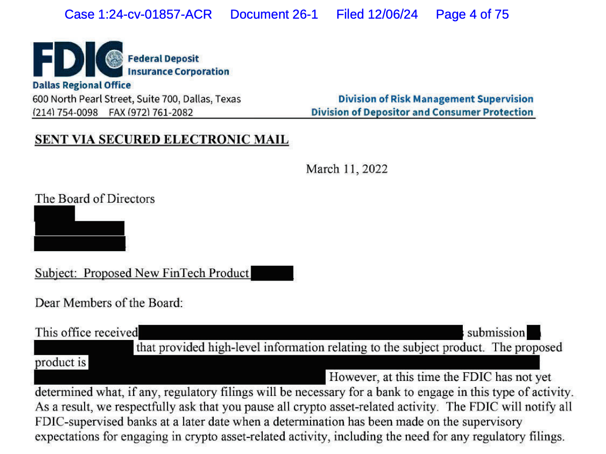 Trump Crypto Regulation FDIC Letter