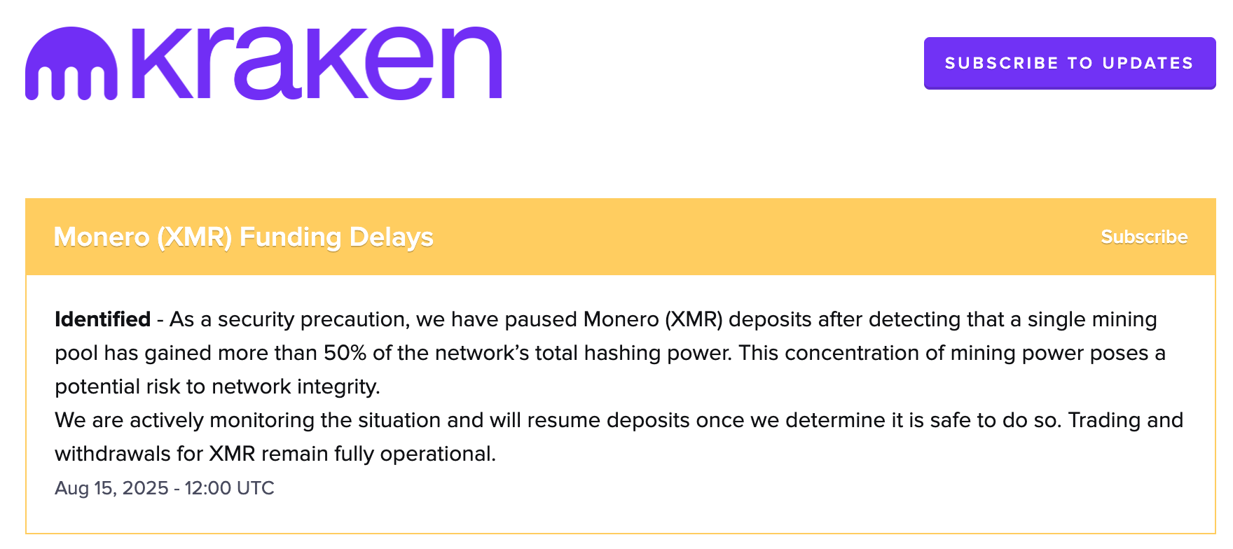 Kraken Pauses Monero Deposits