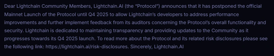 Lightchain AI Mainnet Launch Delay