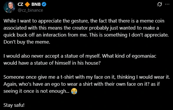 Changpeng Zhao Golden Memecoin Statue